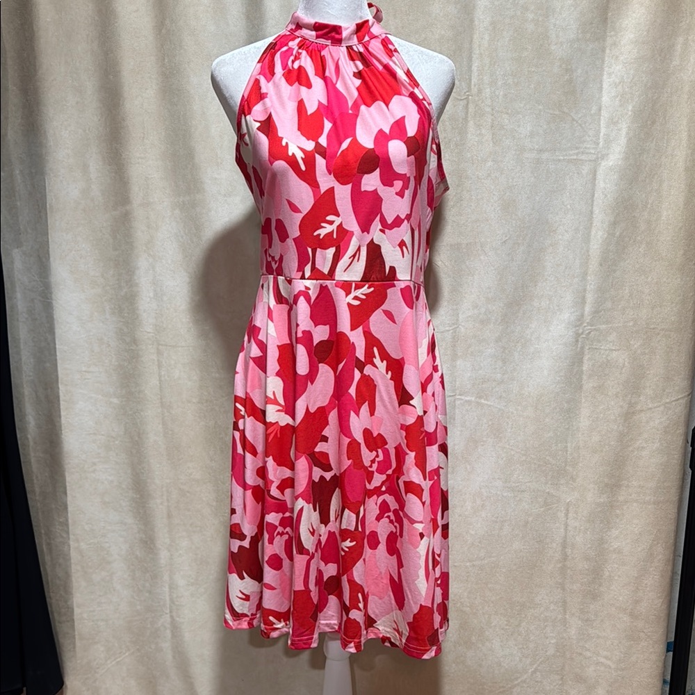 Floral Halter Neck Midi Dress - Pink and Red